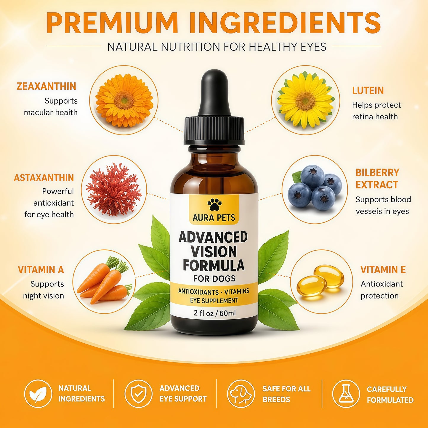 Aura Pets Advanced Vision Formula for Dogs - Eye Health Support with Lutein | Zeaxanthin & Astaxanthin - Helps Maintain Clear Vision & Comfort - 30ml Liquid Supplement